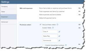 Figure 1: You may have to go to the Company Settings page to turn on purchase orders and define custom fields in QuickBooks Online.