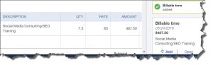 When you create an invoice for a customer who has outstanding billable time, that information will appear in the right vertical pane. You can open the original transaction or click to add it to the invoice.